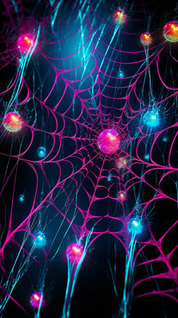 Celebration halloween holiday backdrop, huge multicolored in neon light spider web. generative aiの素材