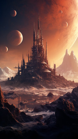 Planet Mars relief and craters on the surface of the desert red planet. Cosmic landscape. generative ai.の素材