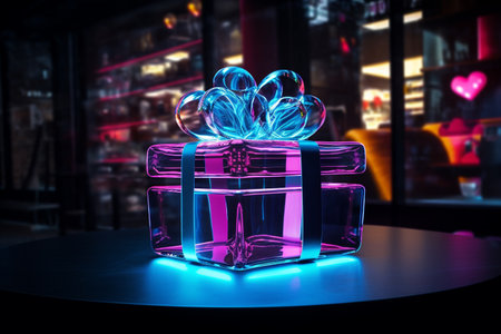 Gift boxes on the table in neon lighting.の素材