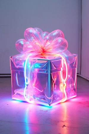 Gift boxes on the table in neon lighting.の素材