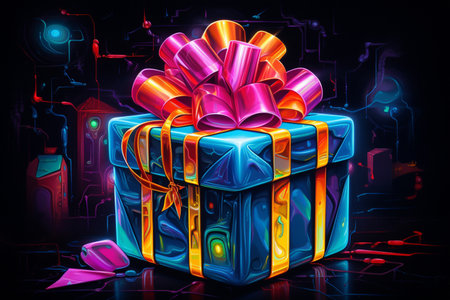 Gift boxes on the table in neon lighting.の素材