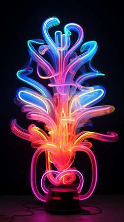 Gift boxes on the table in neon lighting.の素材