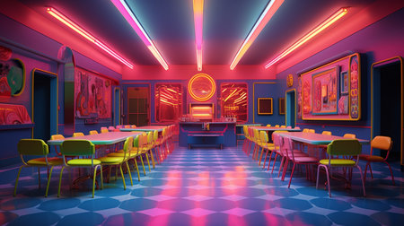 Generative ai. decoration interior bar or night club in neon blue and red lights. Party or nightlife entertainment.の素材