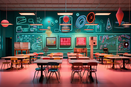 Generative ai. decoration interior bar or night club in neon blue and red lights. Party or nightlife entertainment.の素材