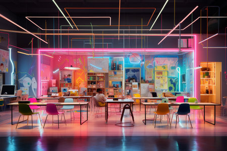 Generative ai. decoration interior bar or night club in neon blue and red lights. Party or nightlife entertainment.の素材