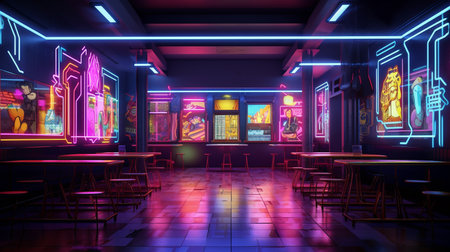 Generative ai. decoration interior bar or night club in neon blue and red lights. Party or nightlife entertainment.の素材
