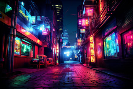 Generative ai. decoration interior bar or night club in neon blue and red lights. Party or nightlife entertainment.の素材