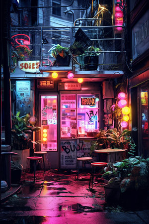Generative ai. decoration interior bar or night club in neon blue and red lights. Party or nightlife entertainment.の素材