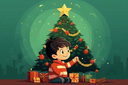 Cute boy decorating christmas tree with baubles illustrationの素材