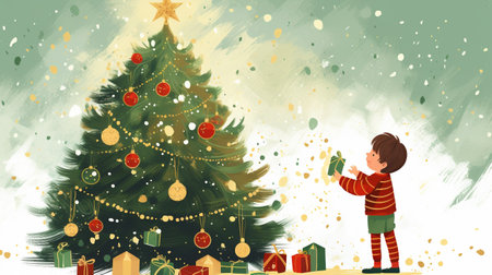 Christmas background with a child decorating a Christmas tree. Vector illustration.の素材