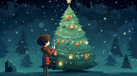 Illustration of a boy decorating a christmas tree at nightの素材