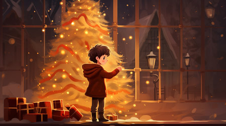 Illustration of a boy in a warm sweater with a Christmas tree in the backgroundの素材