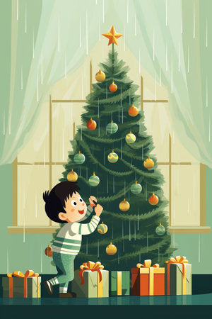 Cute little boy decorating a Christmas tree. Vector illustration.の素材