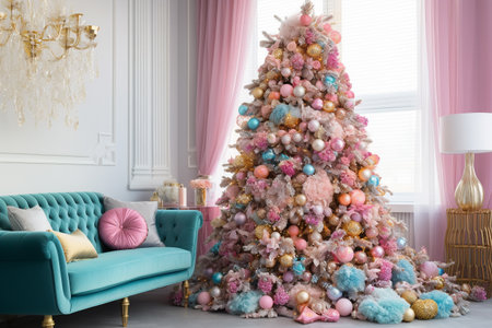 Christmas tree with toys and gifts in the interior of the living roomの素材