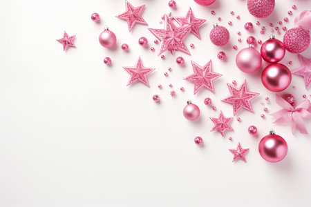 Christmas background with pink decorations and pink stars on a white background.の素材