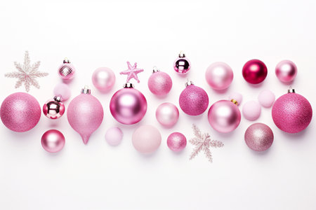 Pink Christmas balls and snowflakes on white background. Flat lay, top view.の素材