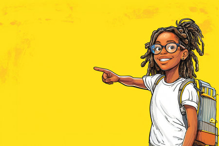Young african american girl with a suitcase on a yellow backgroundの素材