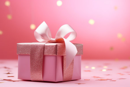 Holiday pink background with gift with satin bow. Valentines Day, Womens Day, Mothers Day, Wedding, Christmasの素材