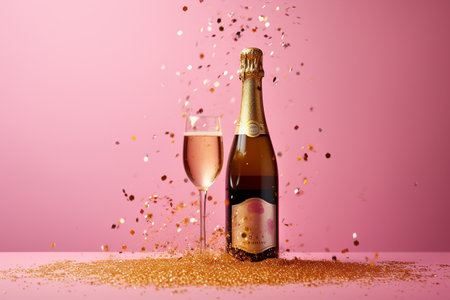 Champagne bottle on pink background with golden glitter on pink background.の素材