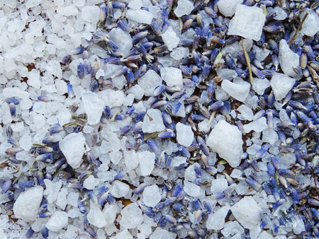 Lavender flowers with large salt crystals, cosmetics, background imageの写真素材
