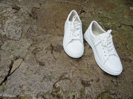 White fashion shoes, pair of walking shoes, background imageの写真素材