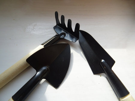 Tools for working on the farm close-up, tillage in natural conditions, tools in miniatureの写真素材