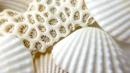 A close-up of various seashells and coral. Concepts: nature, recreation, marine finds, travel,...