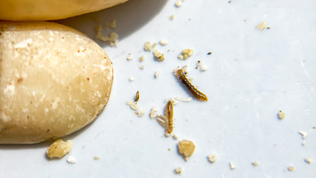 Macro photo of peanuts infested with maggots, which have damaged the kernels and left crumbs and holes. Illustrating the problem of storing dry foods.の写真素材
