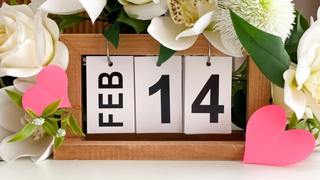A decorative wooden calendar with the date February 14th, surrounded by white flowers and paper...