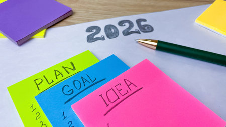 Colored sticky notes with the words "idea," "goal," and "plan" on a piece of paper with the year 2026. Concept of planning, goal setting, and personal effectiveness.の写真素材