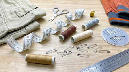 Sewing supplies for home crafts: thread, needles, scissors, and a tape measure. An atmosphere of...