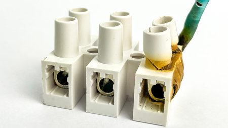 A melted electrical connection with damaged insulation. Conceptually, it represents a fire hazard,...