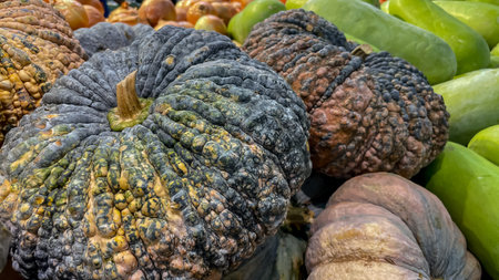 Large, lumpy Thai pumpkins (Fak Thong) with dark green and brownish skins lie on the counter among...