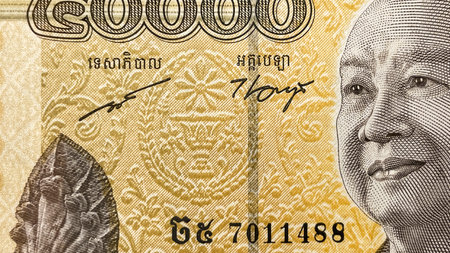 Macro photography of a 50,000 Cambodian riel banknote. Detailed fragment of Cambodian paper money...