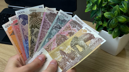 Hands holding a fan of Cambodian riel banknotes against a background of a laptop and houseplant....