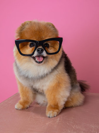 red spitz on a pink background, funny dog