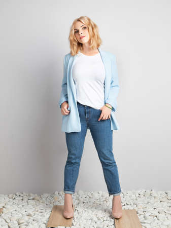 Girl on a gray background, have an idea!の写真素材