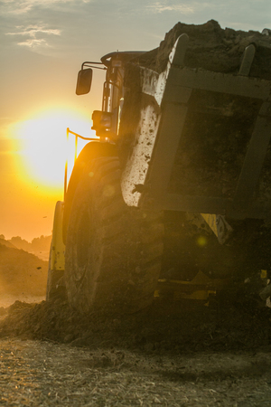 agricultural machinery on the field at sunset, tractor in the sunlight, photo of the tractor on the sideの写真素材