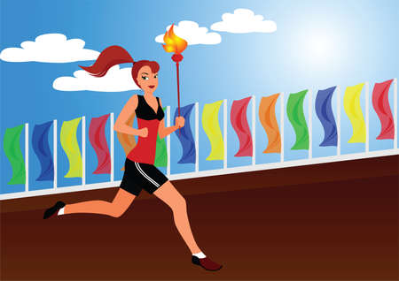 The sportswoman bears the sports competition fire along flagsのイラスト素材