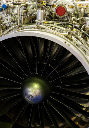 close-up of a large jet engine turbine blades