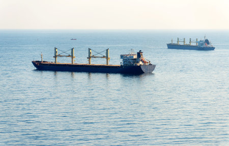 The cargo ship sailing in still water