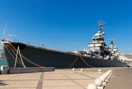 Novorossiysk, Russia - august 22, 2015: The ship-museum cruiser Mikhail Kutuzov moored at the pier...