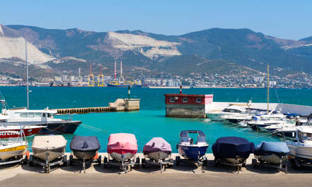Boats parking on the black seaのeditorial素材