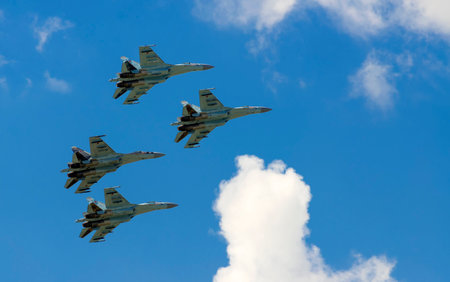ZHUKOVSKY, RUSSIA - JULY 23, 2017: Aerobatic team shows demonstration flight at MAKS 2017