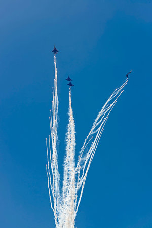 ZHUKOVSKY, RUSSIA - JULY 23, 2017: Aerobatic team shows demonstration flight at MAKS 2017