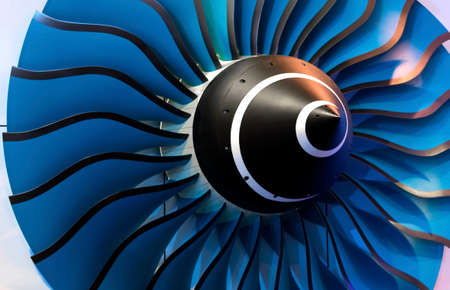 close-up of a large jet engine turbine bladesの写真素材