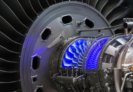 Plane engine element. Turbine blades. Blue light