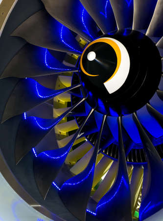 Turbo-jet engine of the plane on close up. Blue lightの写真素材