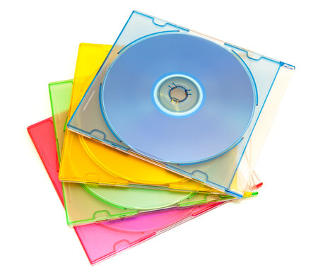 Color boxes with disks for information storage. Box for Cdの写真素材