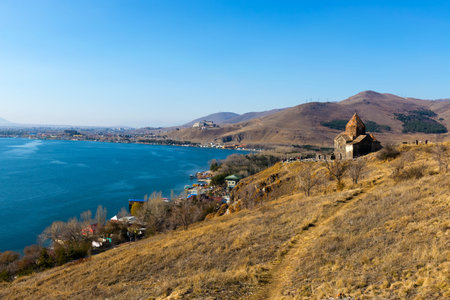 Scenic view of an old Sevanavank church in Sevan, on sunny day . Armenia